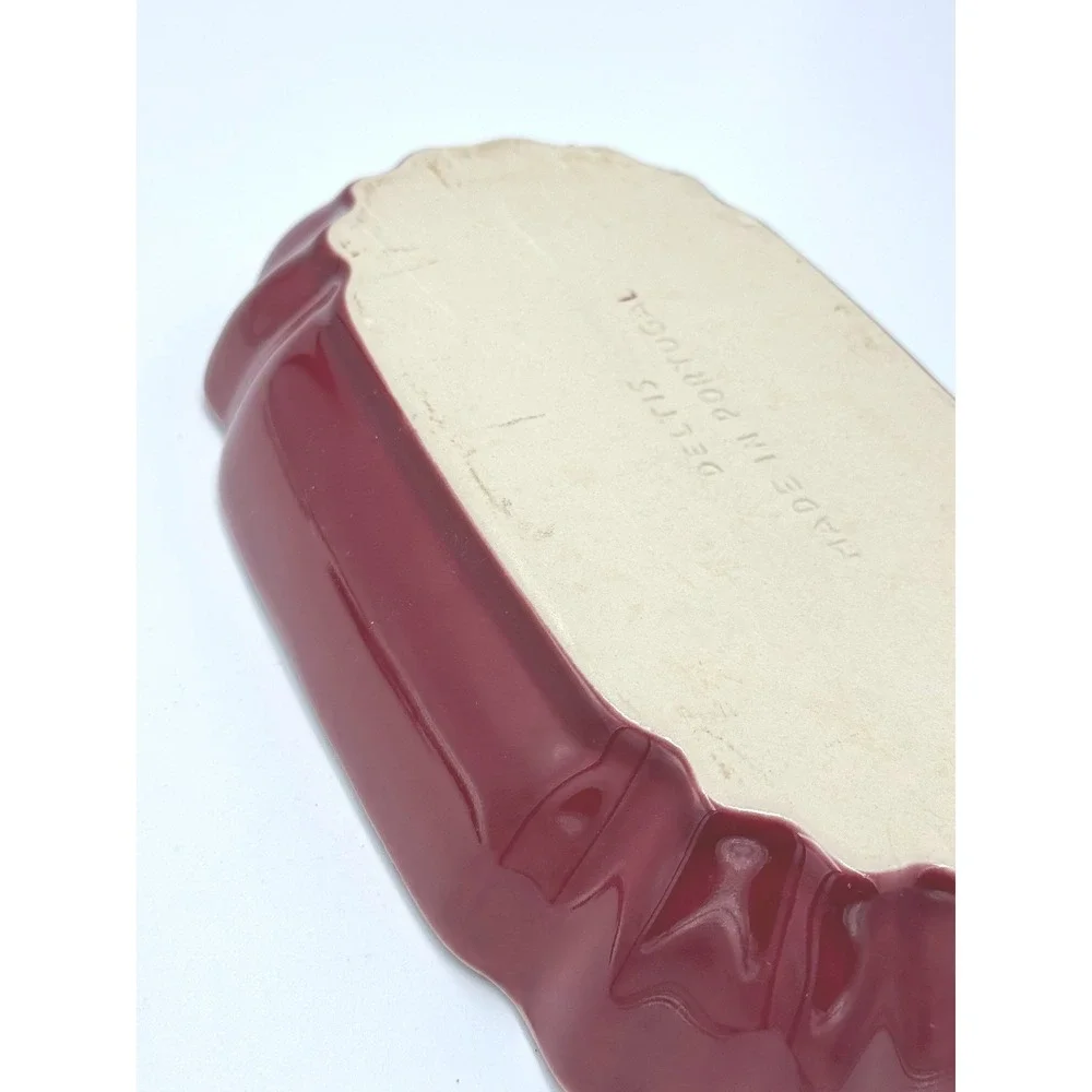 Deltis Stoneware Burgundy Red Scalloped Glazed Oval Serving Bowl Dish Portugal
